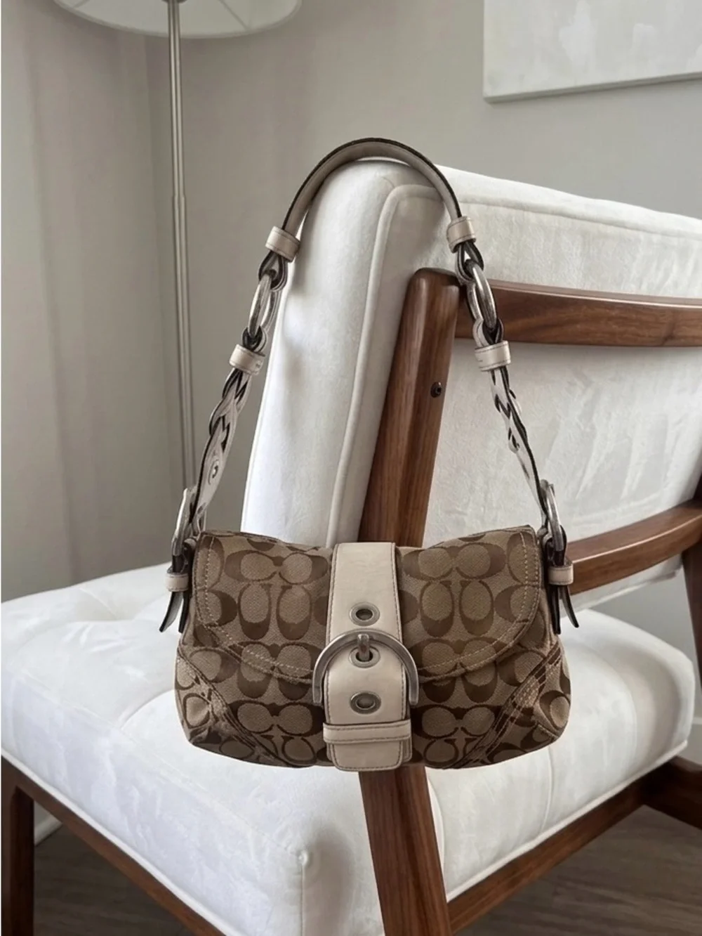 Coach SoHo Y2K Brown Signature Canvas Shoulder Bag with Chalk Trim